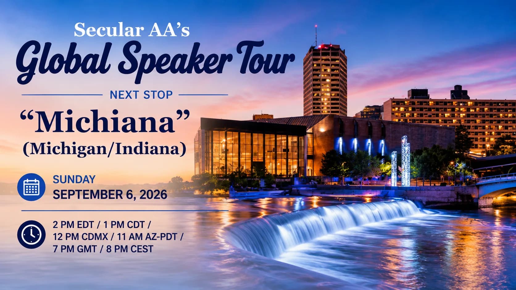 Flyer for Secular AA's Global Speaker Tour featuring We Agnostics Michiana on September 6, 2026.