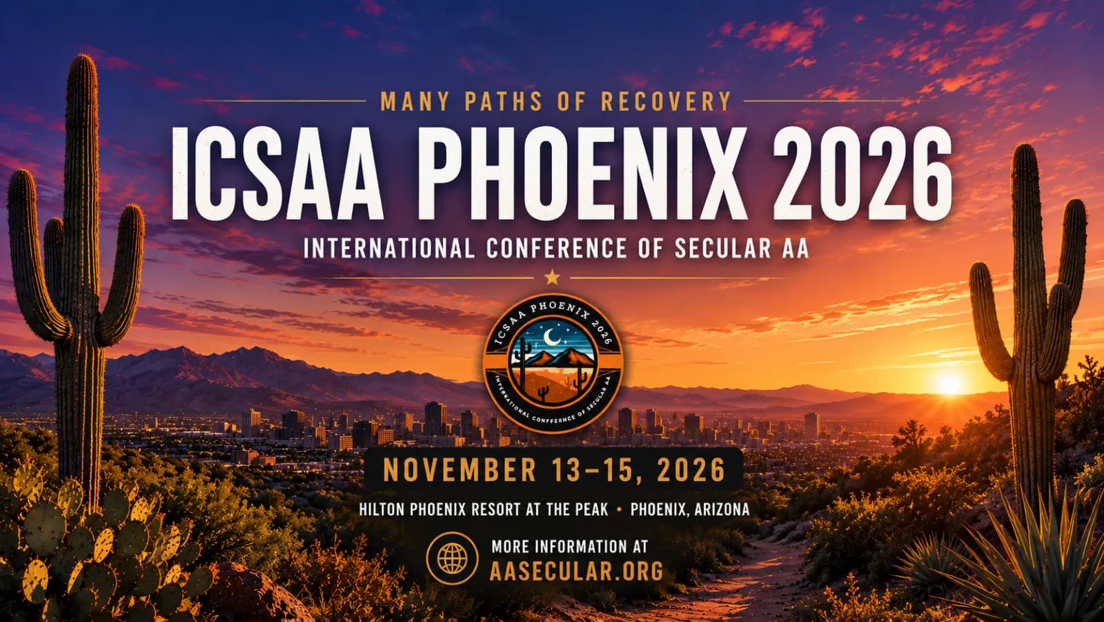 Flyer for the International Conference of Secular AA 2026 in Phoenix, Arizona.